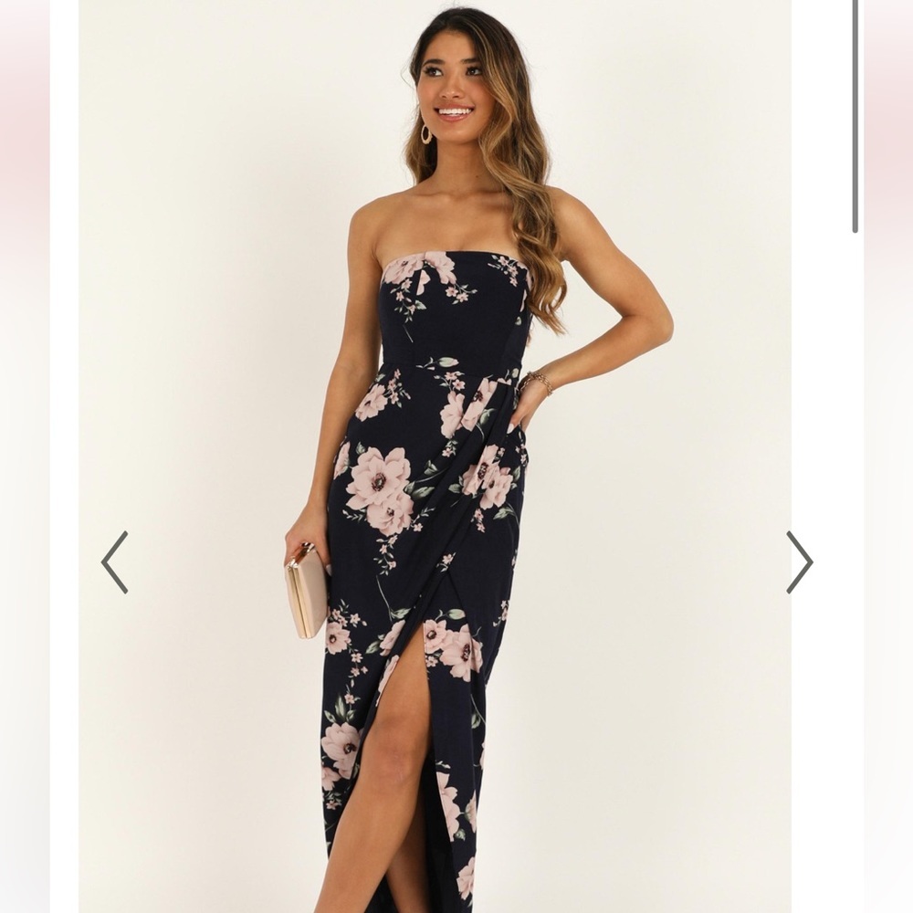 SHOWPO NAVY BLUE FLORAL “TAKE IT FROM THE TOP” STRAPLESS MAXI DRESS - Picture 2 of 14